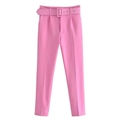 Pantalón casual rosa para mujer con cinturón a juego y corte ajustado de talle alto - XS / Rosa