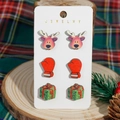 Christmas earring set with reindeer, glove, and gift box designs on festive background - Reindeer Head Red Gloves Green Gift Box Style (SD62537)