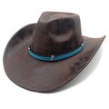 Detail of vintage brown suede cowboy hat with blue and black buckled leather band - M(56-58cm) / Tie-Dye Coffee