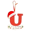 Detail of red glitter letter U Christmas ornament with Umberto name and Italian greeting - Letter U