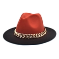 Detail of red and black felt fedora hat featuring a chunky gold chain link band accessory - M (56-58cm) / Caramel + Black