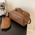 Trousse de maquillage en cuir PU marron avec fermetures éclair dorées et grande capacité - Marron