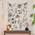 Detalle de tapiz bohemio blanco con motivos de serpientes, polillas y lunas negras - 100x70cm (Tela Piel de Melocotón) / Polilla Mística y Luna (5) / Blanco