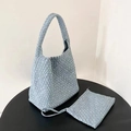 Light blue woven hobo bag and matching zip pouch in wide weave leather style - With Woven Liner / Light Blue