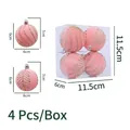 Pink 6cm flocked Christmas ball set with gold spiral patterns and leaf motifs in 4-pack box - 4-Pack / Pink Flocking Tree Pattern