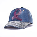 Classic blue denim baseball cap featuring pink rhinestone ribbon and sparkling silver brim - Pink Rhinestone Ribbon Charity Style (Dark Blue)