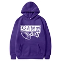 Purple American football hoodie with white Game Day print and drawstring hood - S / Tops / Purple