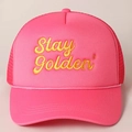 Detailed close-up of pink foam trucker hat with yellow Stay Golden embroidery and rope - One Size / Rose Red