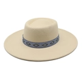Beige wool felt fedora with a blue geometric patterned band against a white background - M / Beige