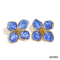 French vintage style blue enamel hibiscus flower earrings with gold plating - Gold + Blue (KD3004)