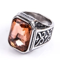 Silver stainless steel ring with a rectangular amber gemstone and ornate carved details - US 7 / Retro Silver Tone (Amber Rhinestone)