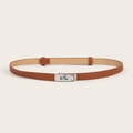 Detail of slim brown leather belt with silver twist lock buckle for waist adjustment - (Silver Buckle) Cross Pattern Lock Adjustable Belt (Khaki)