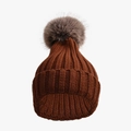 Caramel brown knit beanie for parents and kids with a large grey-brown faux fur pompom - Kids (50-54cm) / Coffee
