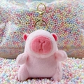 Pink plush capybara doll keychain with golden metal ring and soft fluffy texture - Pink Basic + Gold Clip