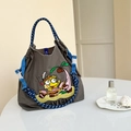 Detail of waterproof nylon shoulder bag with blue straps and colorful beach embroidery - M / Grey Cartoon Drum (No Strap)