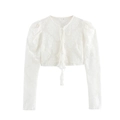 Witte kanten crop top met lange pofmouwen en veterdetail met kwastjes aan de voorkant - XS / Wit