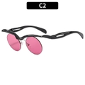 Fashion sunglasses with black hollowed frame and pink round lenses in color C2 - Black Frame Purple Red Lens