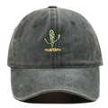 Close-up of green cactus embroidery on vintage washed charcoal grey baseball cap - Army Green