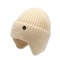 Men's winter knit beanie with ear protection, fleece lined in cream beige color - One Size / Light Beige