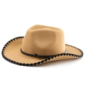 Detail of khaki wool felt cowboy hat with black braided edge and leather buckle band - M (56-58cm) / Camel Hat with Black Whipstitch Edge