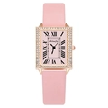Fashion square quartz watch with pink leather strap and diamond-encrusted rose gold case - Pink