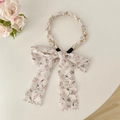 White floral headband with pearls and long ribbon bow for hair styling - White Floral