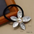 Silver alloy flower hair tie with pearl center and textured petals, 5.2cm diameter - Large and Small Flowers / Silver