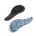 Blue leopard print and black detangling hairbrushes with curved handles and black bristles - Blue