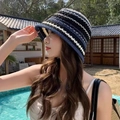 Women knitted sun hat with blue and black stripes in a stylish bucket style - Colored Bucket Hat Black