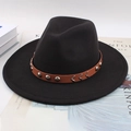 Vintage black wool felt fedora hat featuring a brown leather band and metal rivet detail - Flat Brim Rivet Wave Decor / Black
