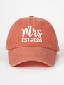 Close-up of coral washed cotton baseball cap featuring white Mrs EST.2026 printed text - Adjustable / MRS / Orange
