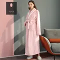 Women long flannel pink bathrobe with plush texture and white trim details - Cherry Pink [Female]