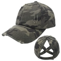 Detail of distressed camouflage ponytail baseball cap with criss-cross elastic back design - One Size / Earth Green Camouflage