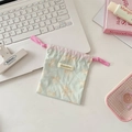 Detail of cute cat print fabric drawstring bag with pink cord and woven label - Printed Cat Light Green