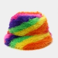 Detailed view of colorful rainbow plush bucket hat with soft long faux fur texture - Rainbow Stripe Style (1#色)