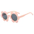 Pink flower-shaped kids sunglasses with dark grey lenses in a classic fashion design - Matte Rice White Frame Grey Lens