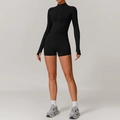 Women black two-piece yoga set with long sleeve zip jacket and slim athletic shorts - S / Jacket + Shorts / Premium Black
