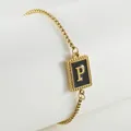 18K gold plated stainless steel chain bracelet with black enamel letter P pendant - Letter P (ZH497G-P-02)