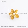 Elegant 18K gold plated flower ring with central pearl and five petal design - Adjustable Open / Five-Petal Gold Flower Pearl Style (JZ21255)