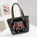 Ethnic style black canvas tote bag with colorful elephant and floral embroidery - Ethnic Elephant
