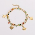 Detail of double-layer gold bracelet with colorful beads and five star charms - Large Eight-pointed Star