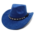 Detail of royal blue suede cowboy hat featuring black faux leather band with bronze buckle - M (56-58cm) / Sapphire Blue