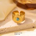 Golden titanium steel flower ring with turquoise stone inlay in a bohemian vintage style - Adjustable Open / Gold Retro Hammered Sun Relief Compass with Turquoise (JOM25009)