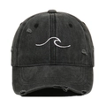 Vintage washed black baseball cap with white wave embroidery and distressed hole details - One Size / Black