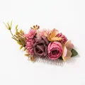 Close-up of handmade floral hair comb with pink fabric roses and green foliage detail - FS02-2 Purplish Red