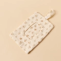 Detail of floral cotton baby wipe pouch with hanging strap and zipper on beige background - Brown Floral