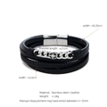 Men's multilayer braided leather bracelet with silver stainless steel curved plate - Silver & Black Wide (W-17-2)