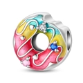 Macro shot of silver donut charm with pink yellow gradient enamel and colorful zircons - Rainbow Donut Pendant