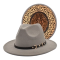 Gray wool fedora hat with leopard print brim lining and black leather belt buckle strap - M (56-58cm) / Light Gray