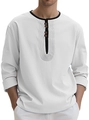 Chemise Henley en lin blanc pour homme avec détails noirs et manches longues - S / Blanc